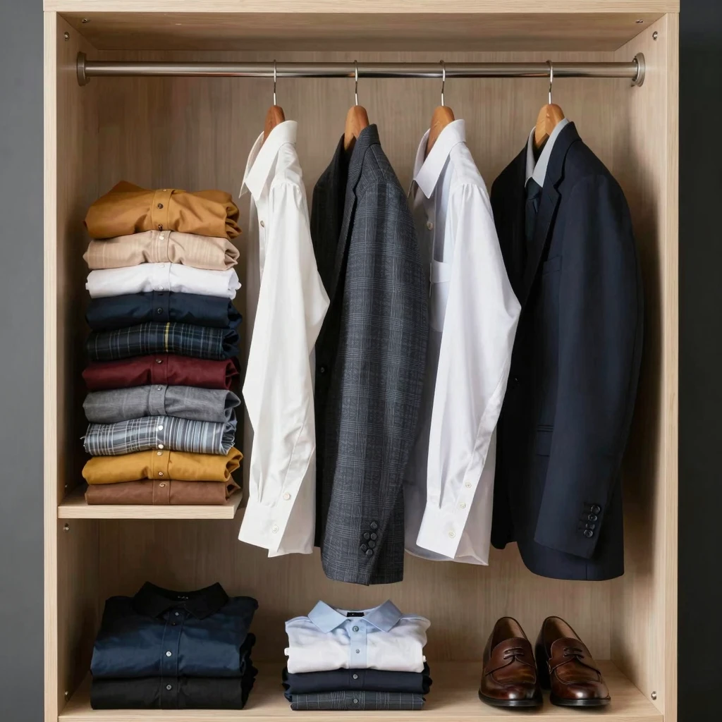 Organized wardrobe with curated clothing collection